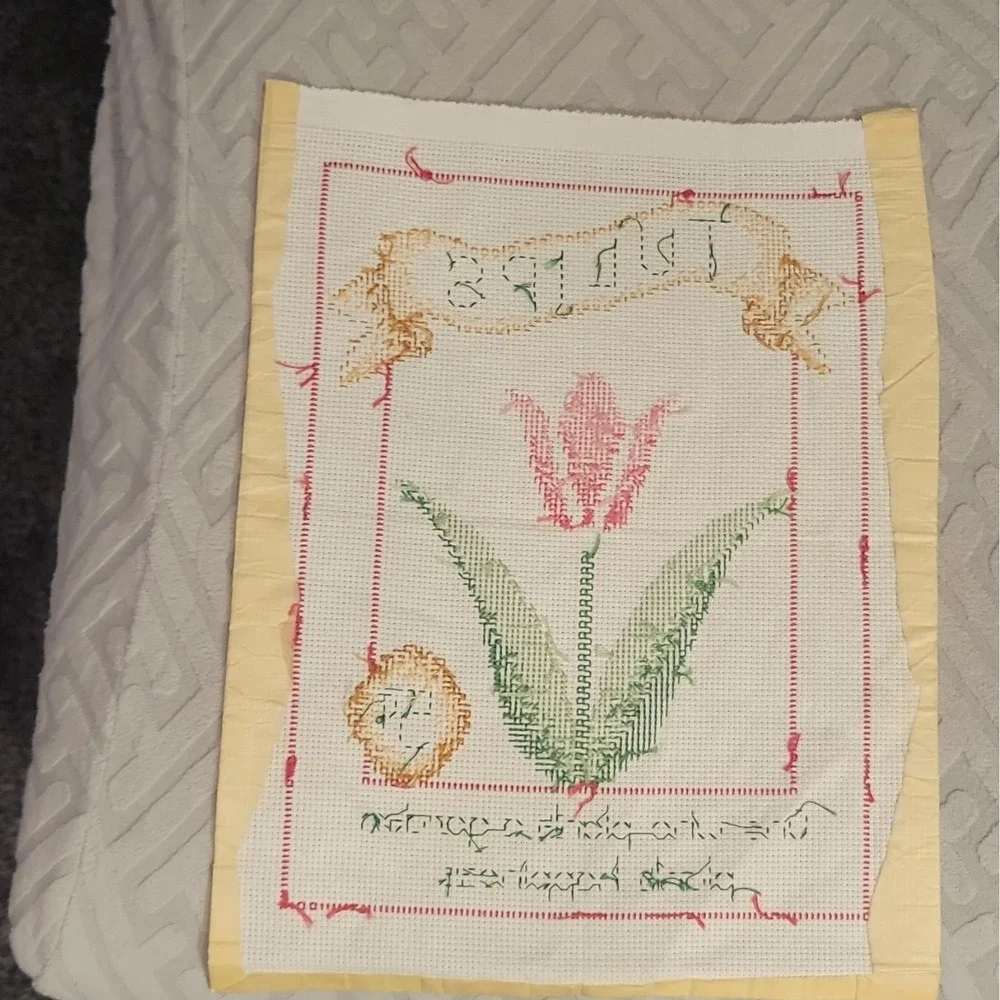 Handmade Framed Cross Stitch Tulips Floral Sampler Needlework Wall Art 9x12